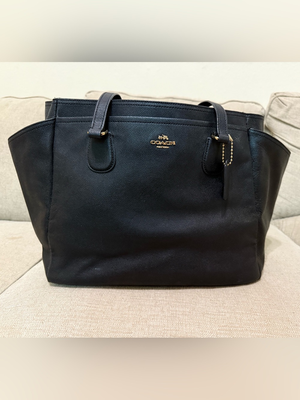 Coach Black Pebble Leather Diaper Tote with Gold Logo Accents